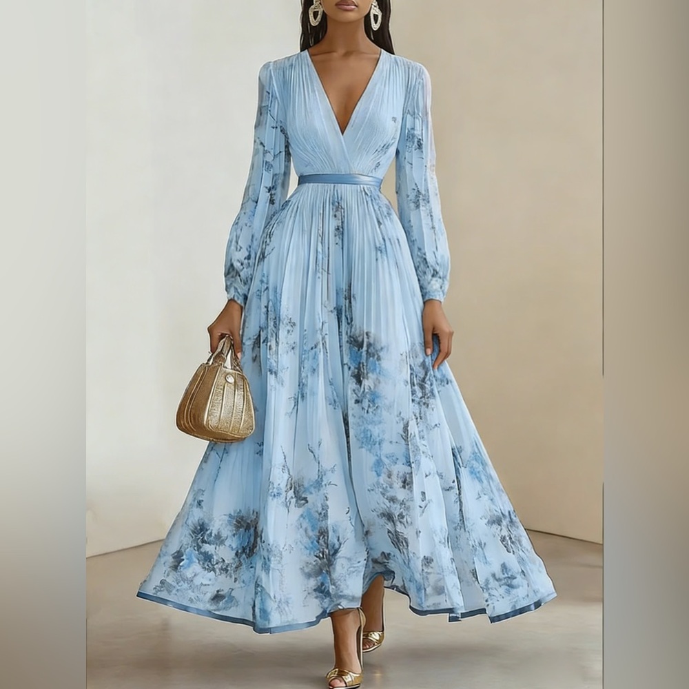 NWT FEHAUTE Blue Pleated Floral Print Maxi Dress